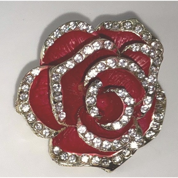 Source Unknown Jewelry - Red Rose Enamel Rhinestone Brooch Pin Gold-Tone 1.25" Floral Statement